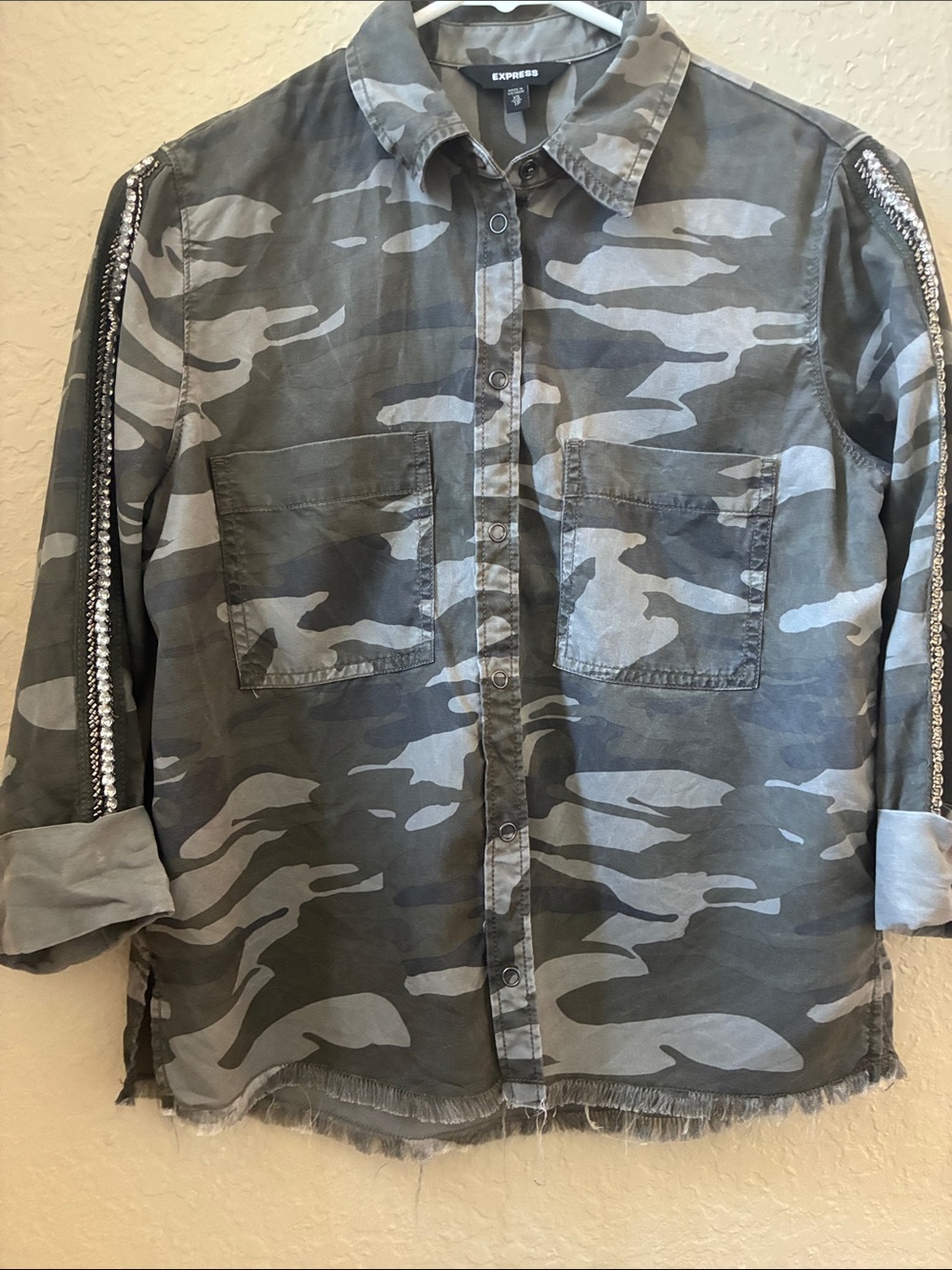 Express Women’s Camo Button-Up Shirt Rhinestone Sleeve Detail Frayed Hem